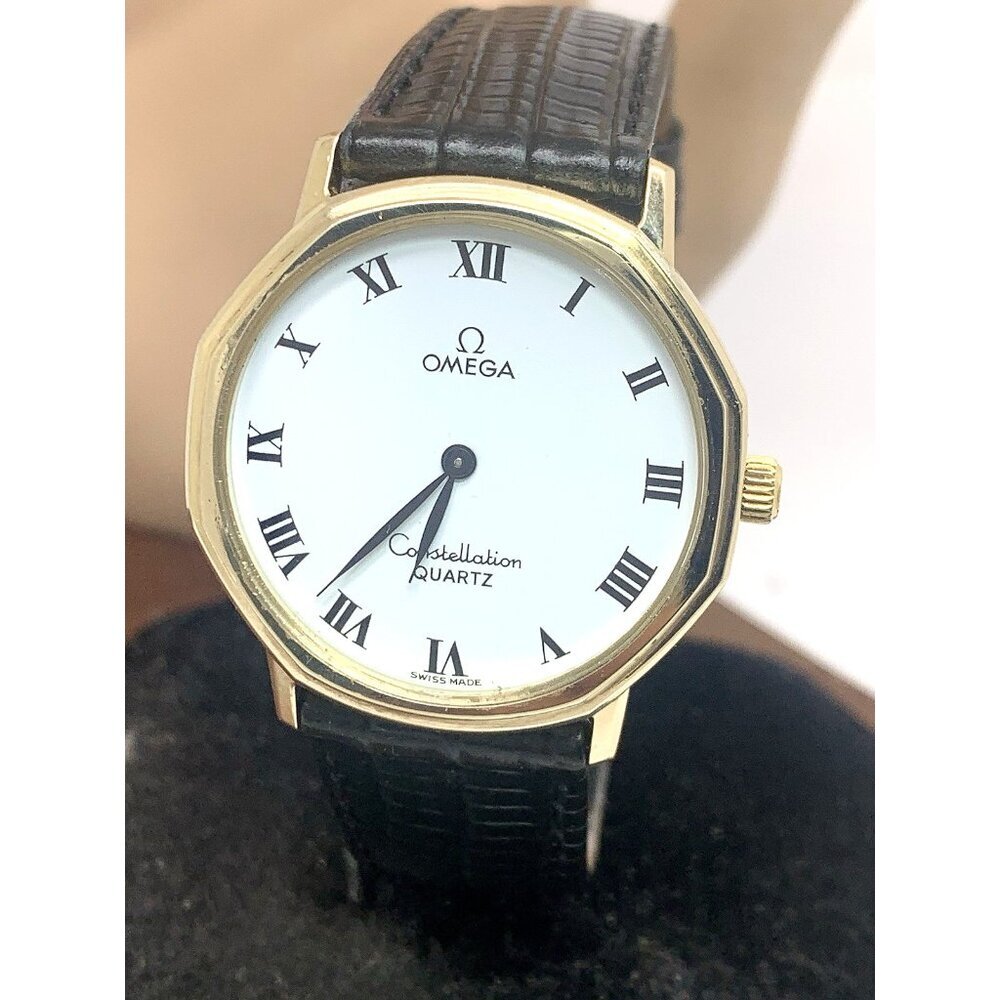 Omega Constellation Mens Watch Vintage Swiss Quartz 1330 White Dial Leather 33mm